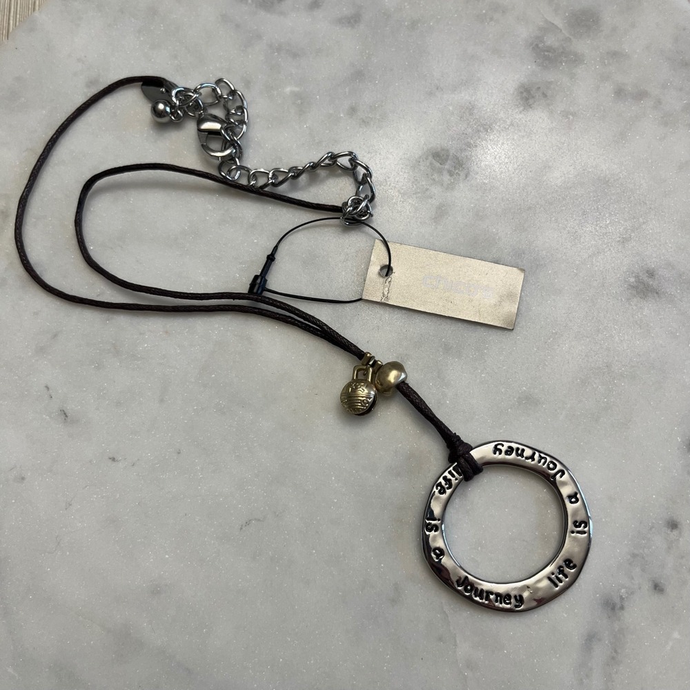 Chicos Cord Necklace Bell Charm Metallic Round Pendant Life is a Journey Jewelry